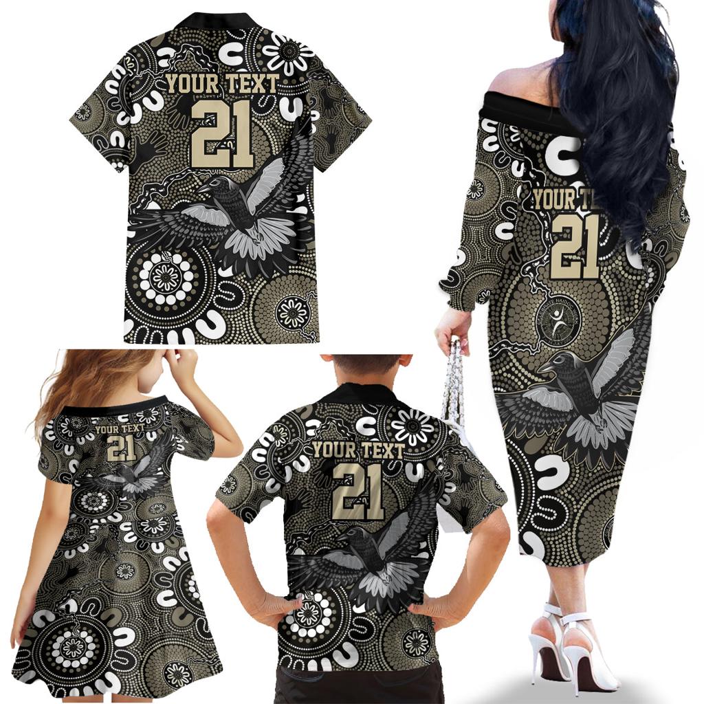 Custom Magpies NAIDOC Week 2024 Family Matching Off The Shoulder Long Sleeve Dress and Hawaiian Shirt Fire Burning Aboriginal Dots Art