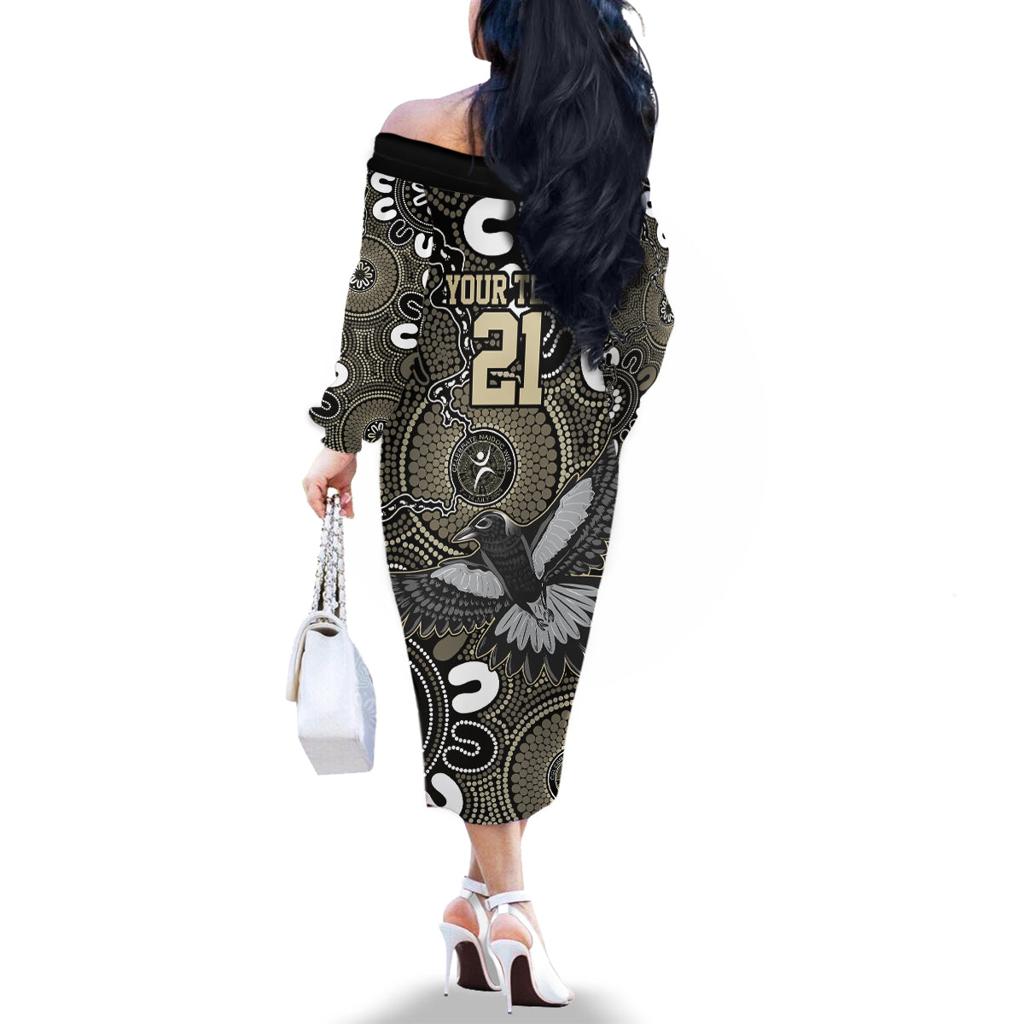 Custom Magpies NAIDOC Week 2024 Family Matching Off The Shoulder Long Sleeve Dress and Hawaiian Shirt Fire Burning Aboriginal Dots Art