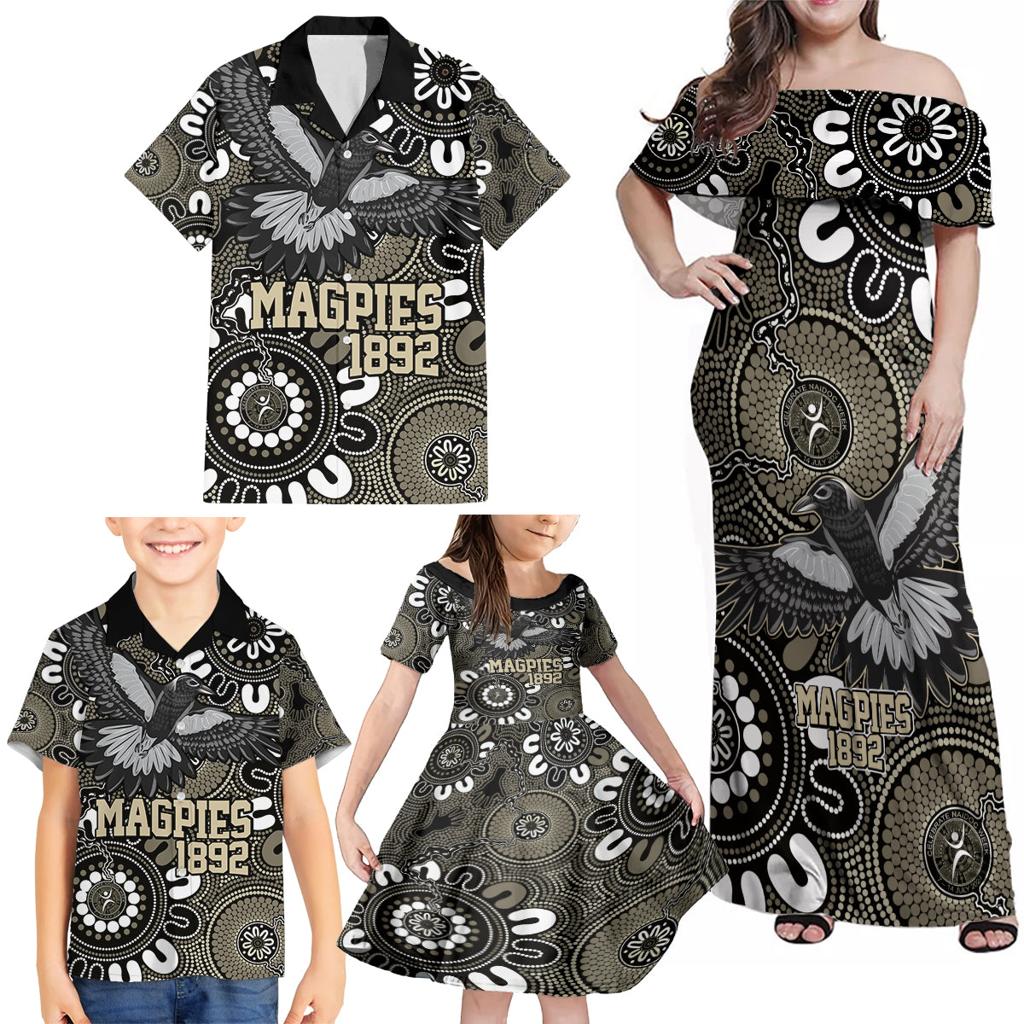 Custom Magpies NAIDOC Week 2024 Family Matching Off Shoulder Maxi Dress and Hawaiian Shirt Fire Burning Aboriginal Dots Art