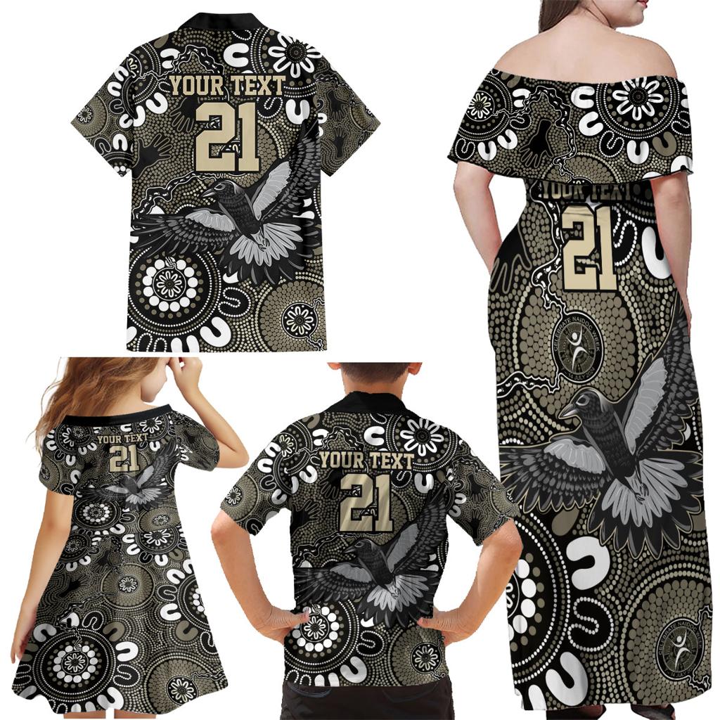 Custom Magpies NAIDOC Week 2024 Family Matching Off Shoulder Maxi Dress and Hawaiian Shirt Fire Burning Aboriginal Dots Art