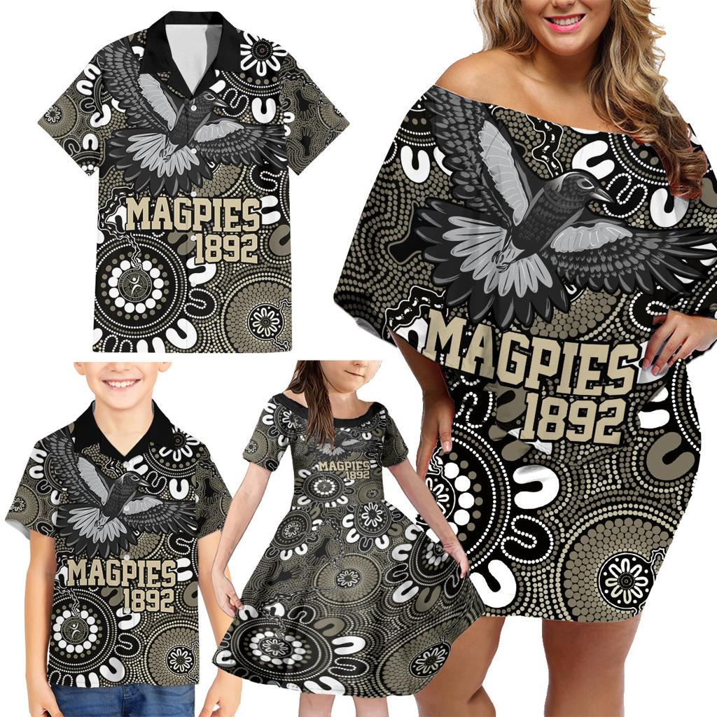 Custom Magpies NAIDOC Week 2024 Family Matching Off Shoulder Short Dress and Hawaiian Shirt Fire Burning Aboriginal Dots Art