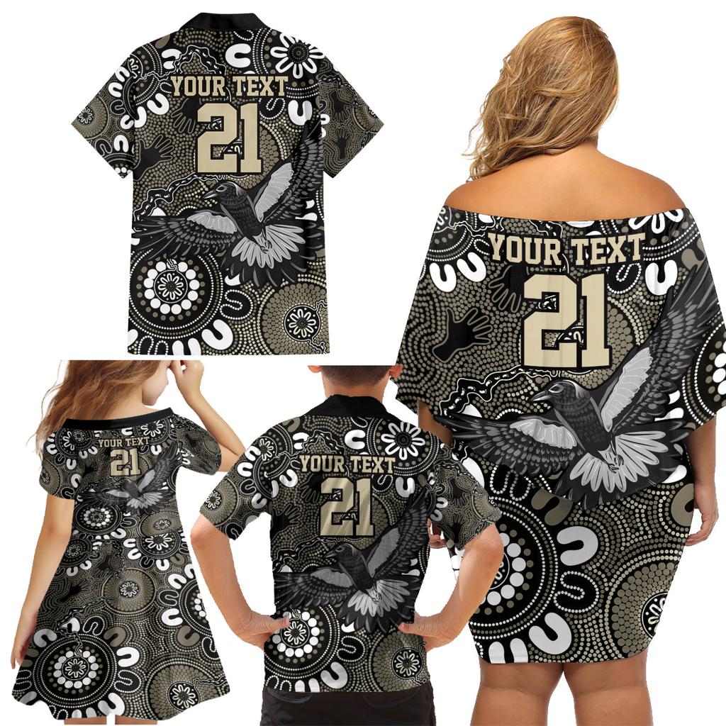 Custom Magpies NAIDOC Week 2024 Family Matching Off Shoulder Short Dress and Hawaiian Shirt Fire Burning Aboriginal Dots Art