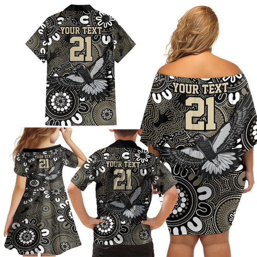 Custom Magpies NAIDOC Week 2024 Family Matching Off Shoulder Short Dress and Hawaiian Shirt Fire Burning Aboriginal Dots Art