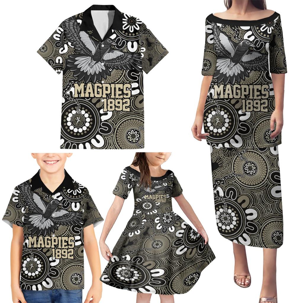 Custom Magpies NAIDOC Week 2024 Family Matching Puletasi and Hawaiian Shirt Fire Burning Aboriginal Dots Art