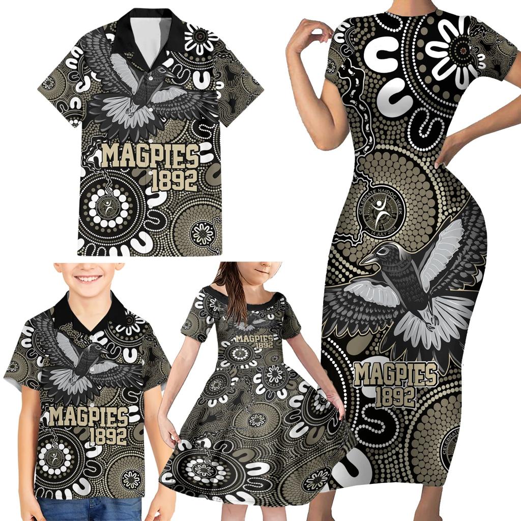 Custom Magpies NAIDOC Week 2024 Family Matching Short Sleeve Bodycon Dress and Hawaiian Shirt Fire Burning Aboriginal Dots Art