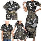 Custom Magpies NAIDOC Week 2024 Family Matching Short Sleeve Bodycon Dress and Hawaiian Shirt Fire Burning Aboriginal Dots Art