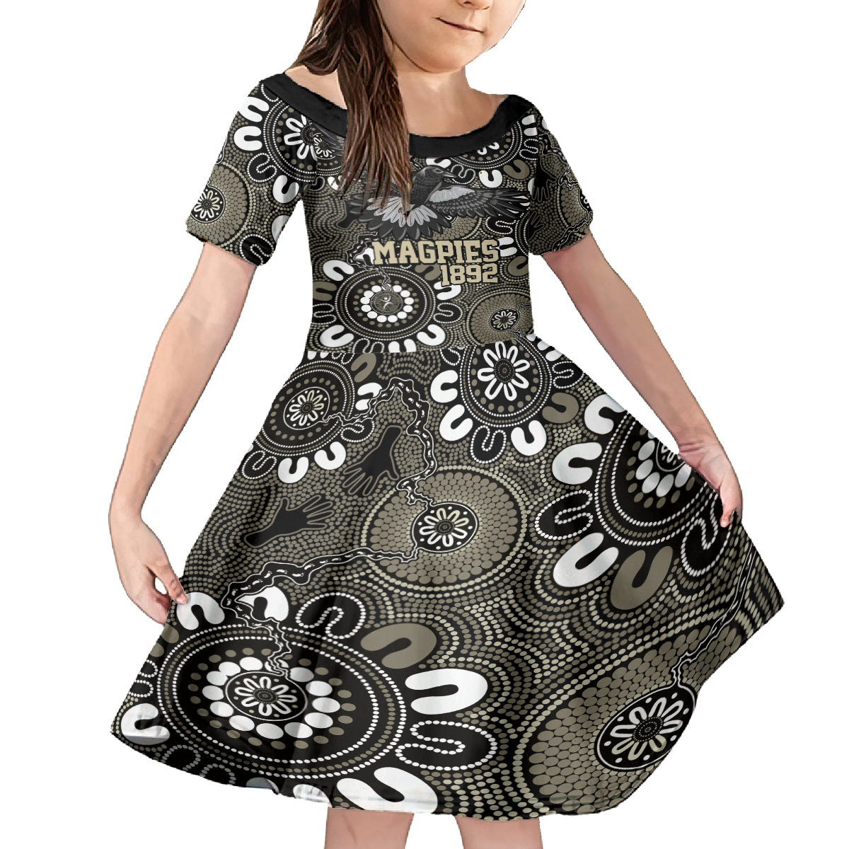 Custom Magpies NAIDOC Week 2024 Kid Short Sleeve Dress Fire Burning Aboriginal Dots Art