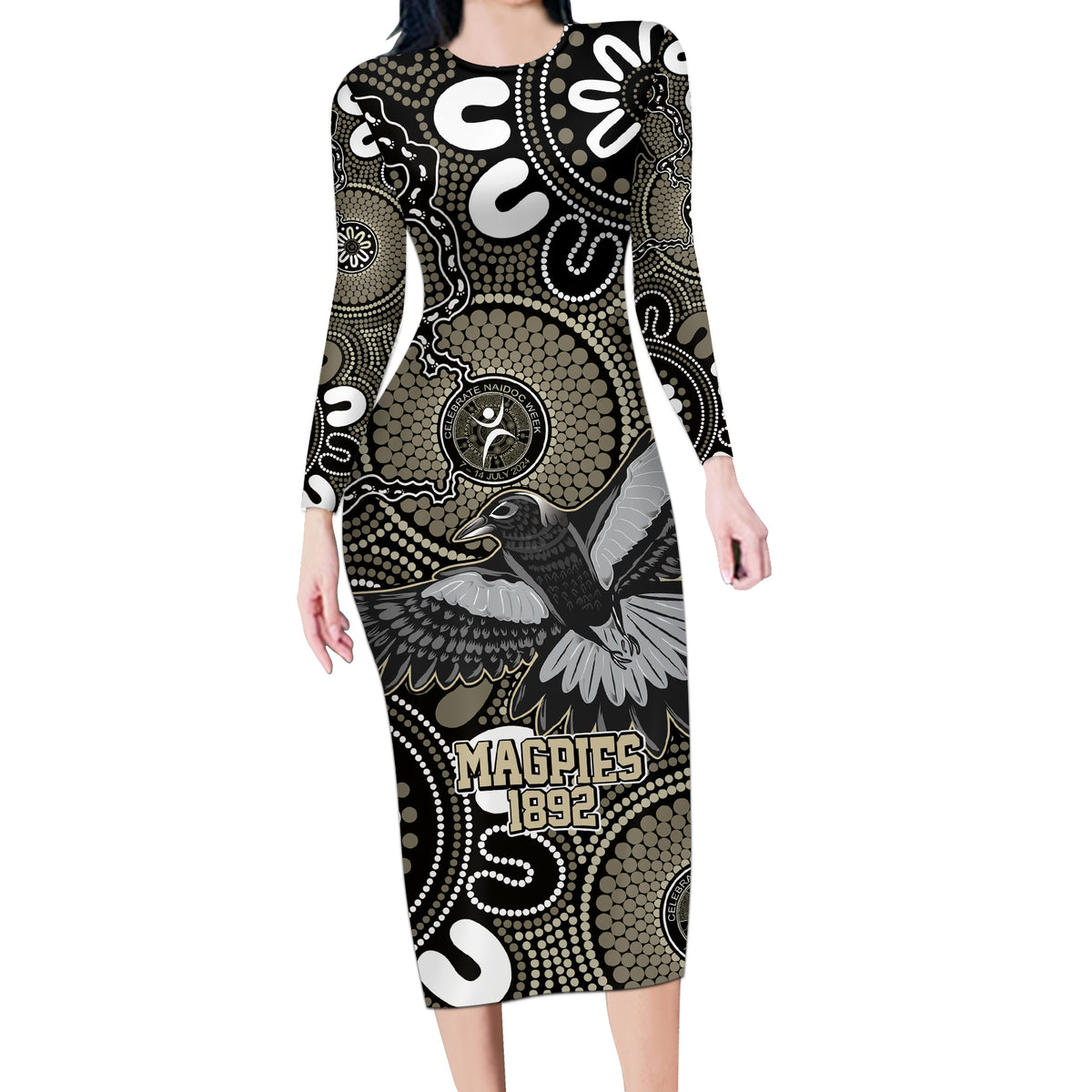 Custom Magpies NAIDOC Week 2024 Long Sleeve Bodycon Dress Fire Burning Aboriginal Dots Art