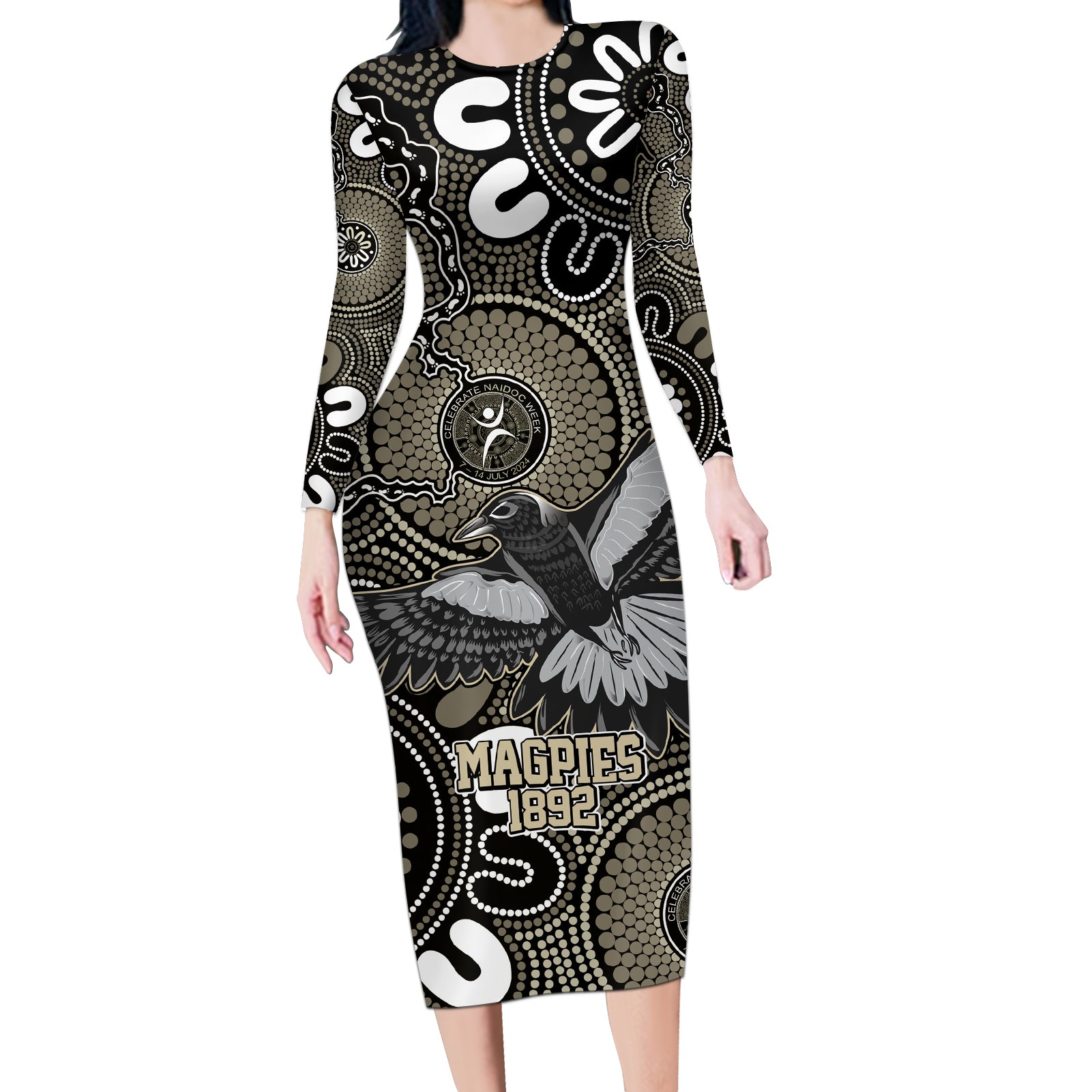 Custom Magpies NAIDOC Week 2024 Long Sleeve Bodycon Dress Fire Burning Aboriginal Dots Art