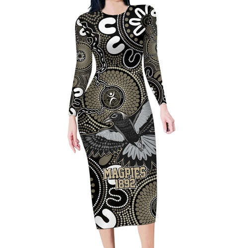 Custom Magpies NAIDOC Week 2024 Long Sleeve Bodycon Dress Fire Burning Aboriginal Dots Art