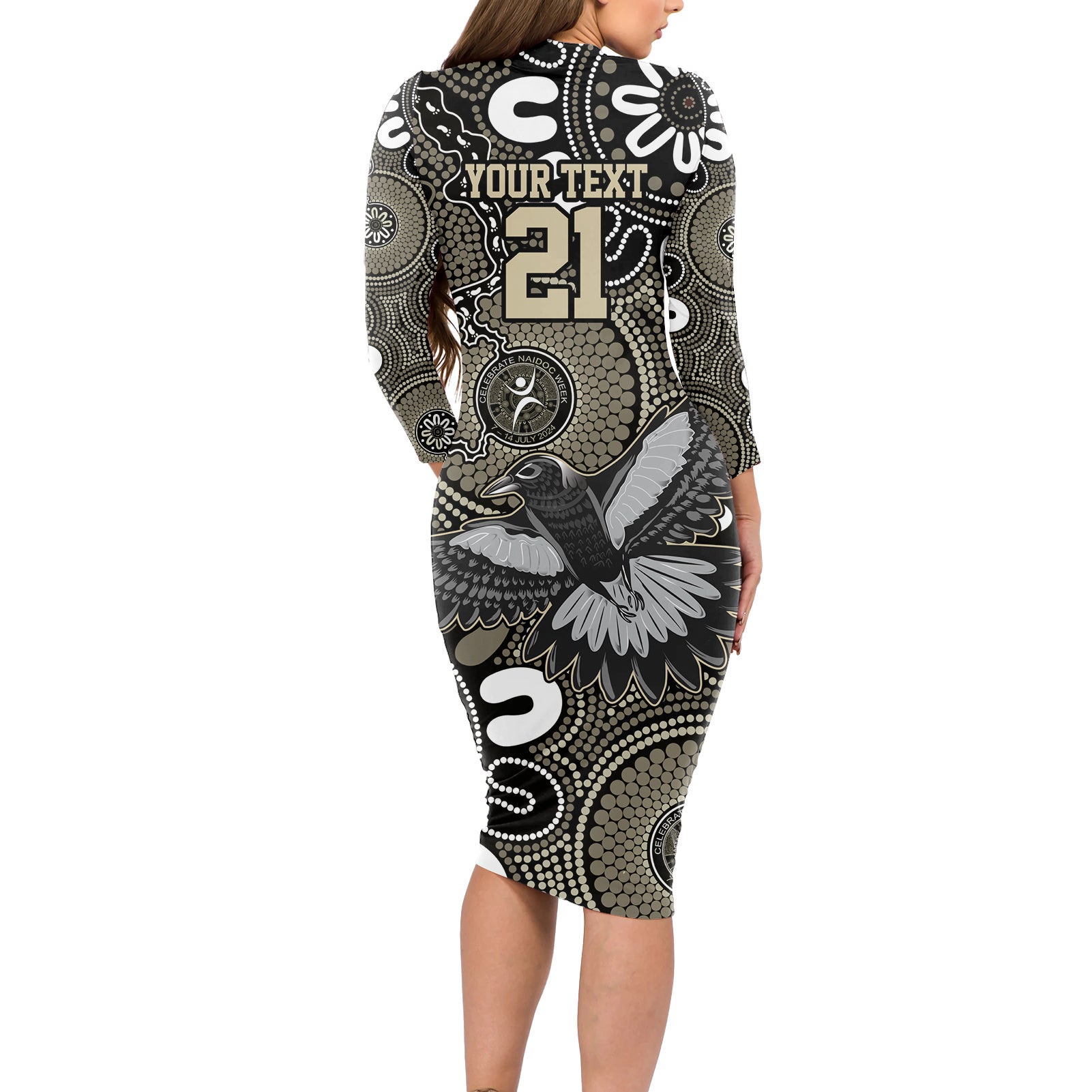 Custom Magpies NAIDOC Week 2024 Long Sleeve Bodycon Dress Fire Burning Aboriginal Dots Art