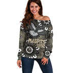 Custom Magpies NAIDOC Week 2024 Off Shoulder Sweater Fire Burning Aboriginal Dots Art