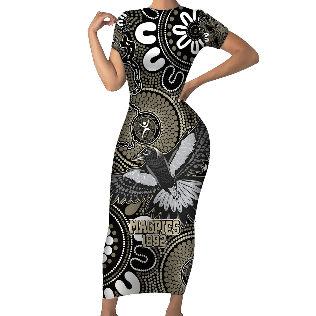 Custom Magpies NAIDOC Week 2024 Short Sleeve Bodycon Dress Fire Burning Aboriginal Dots Art