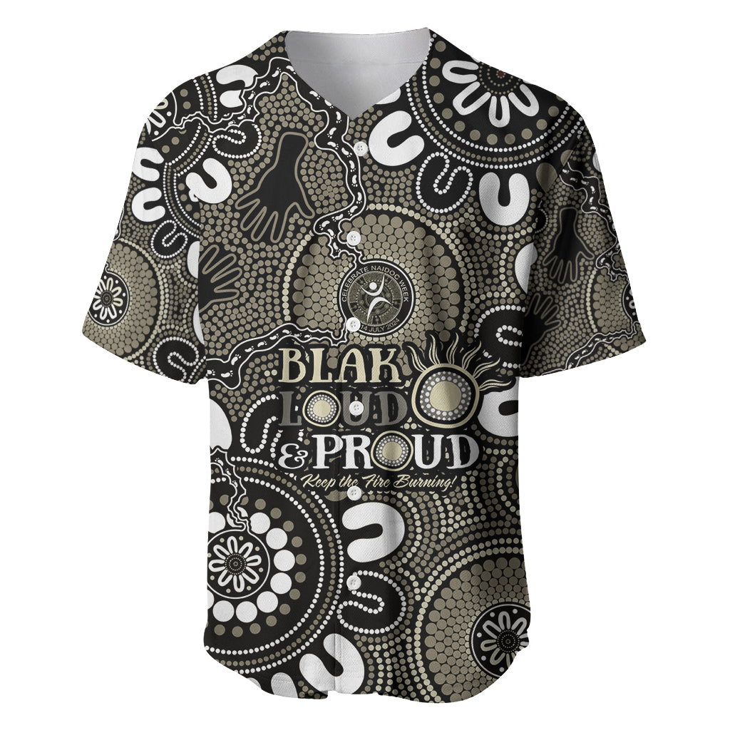 NAIDOC Week 2024 Fire Burning Baseball Jersey Aboriginal Dots Black Art