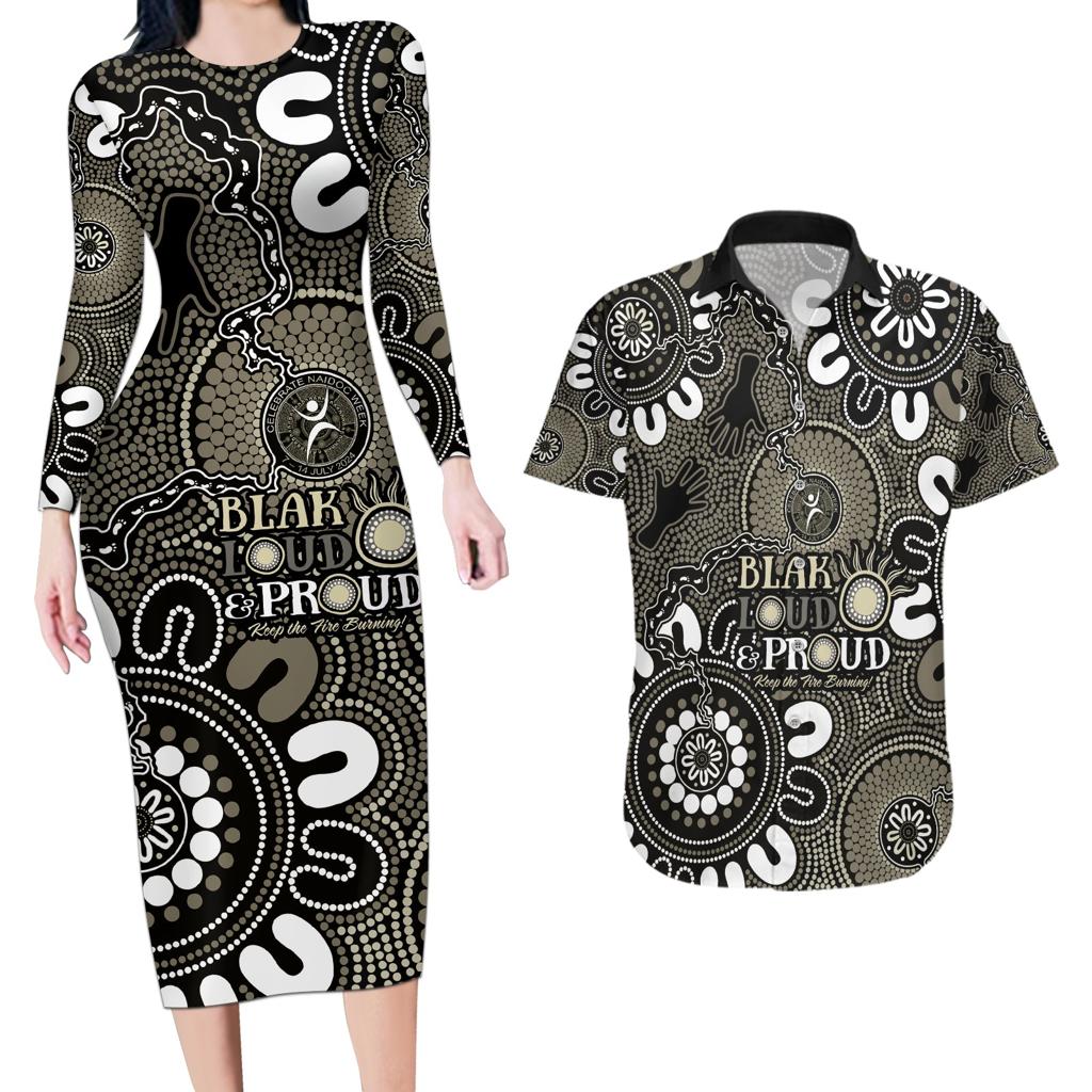 NAIDOC Week 2024 Fire Burning Couples Matching Long Sleeve Bodycon Dress and Hawaiian Shirt Aboriginal Dots Black Art