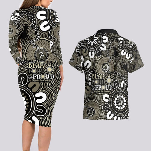 NAIDOC Week 2024 Fire Burning Couples Matching Long Sleeve Bodycon Dress and Hawaiian Shirt Aboriginal Dots Black Art