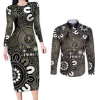 NAIDOC Week 2024 Fire Burning Couples Matching Long Sleeve Bodycon Dress and Long Sleeve Button Shirt Aboriginal Dots Black Art