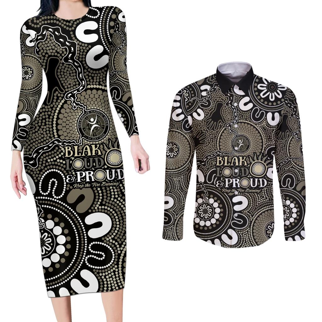NAIDOC Week 2024 Fire Burning Couples Matching Long Sleeve Bodycon Dress and Long Sleeve Button Shirt Aboriginal Dots Black Art