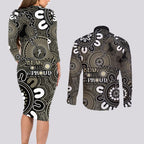 NAIDOC Week 2024 Fire Burning Couples Matching Long Sleeve Bodycon Dress and Long Sleeve Button Shirt Aboriginal Dots Black Art