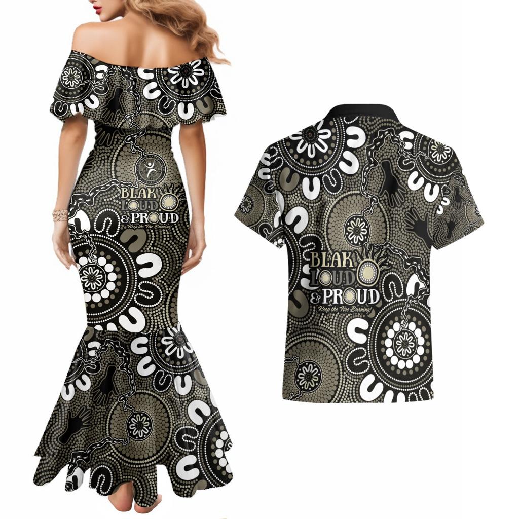 NAIDOC Week 2024 Fire Burning Couples Matching Mermaid Dress and Hawaiian Shirt Aboriginal Dots Black Art