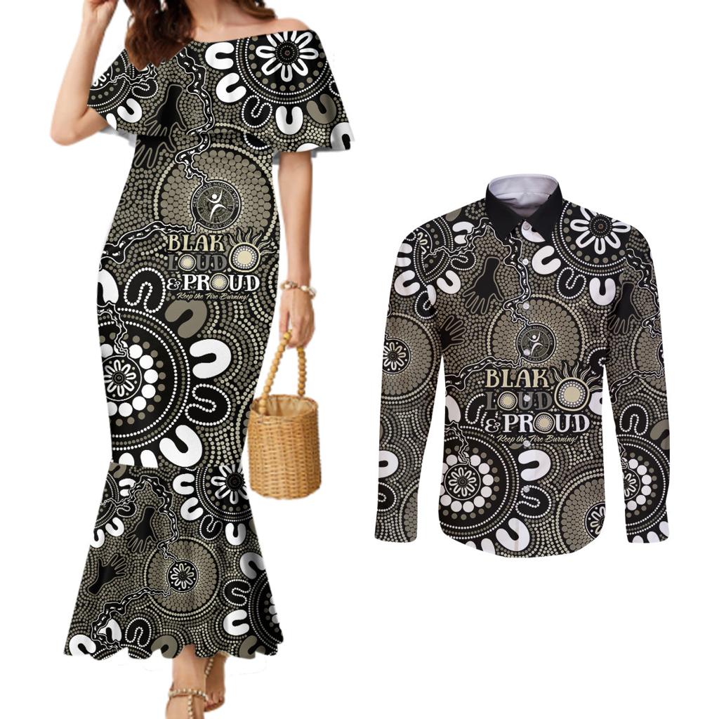 NAIDOC Week 2024 Fire Burning Couples Matching Mermaid Dress and Long Sleeve Button Shirt Aboriginal Dots Black Art