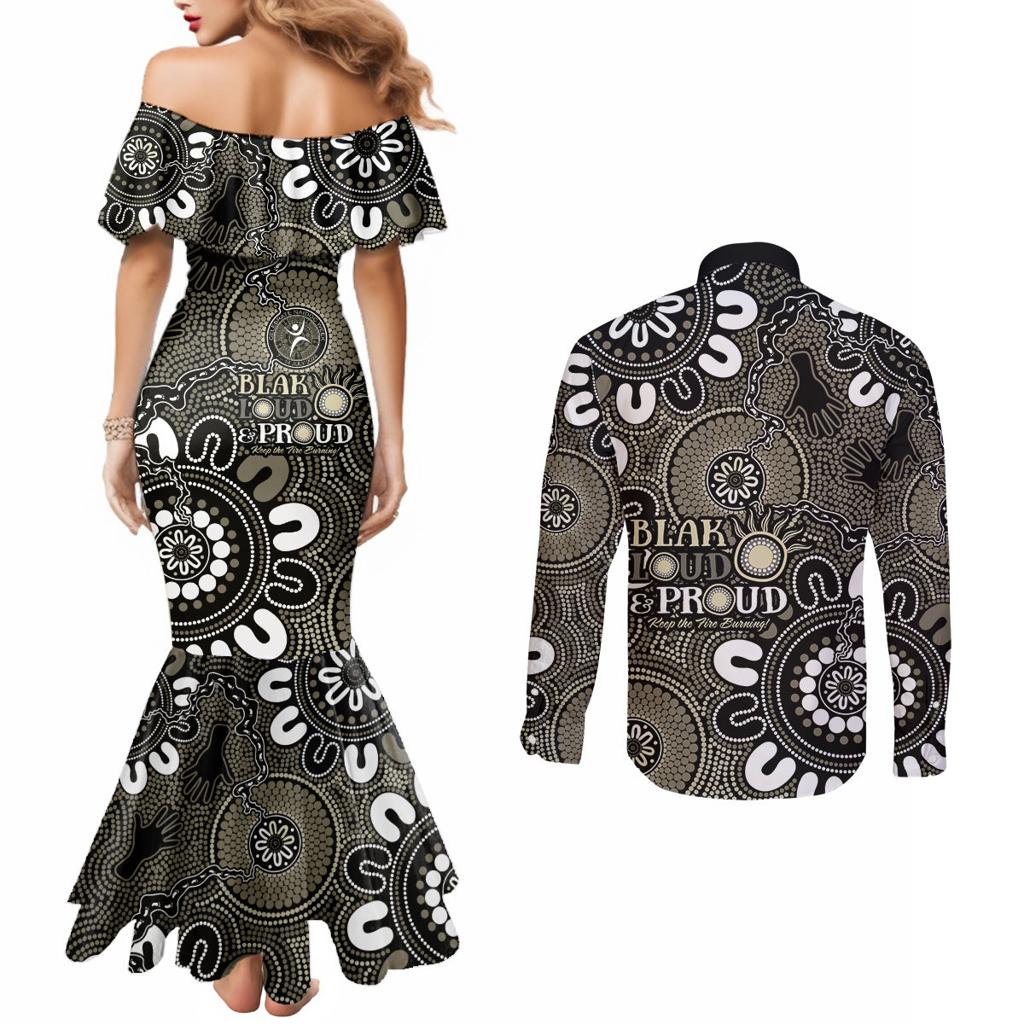 NAIDOC Week 2024 Fire Burning Couples Matching Mermaid Dress and Long Sleeve Button Shirt Aboriginal Dots Black Art