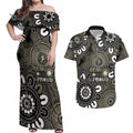 NAIDOC Week 2024 Fire Burning Couples Matching Off Shoulder Maxi Dress and Hawaiian Shirt Aboriginal Dots Black Art