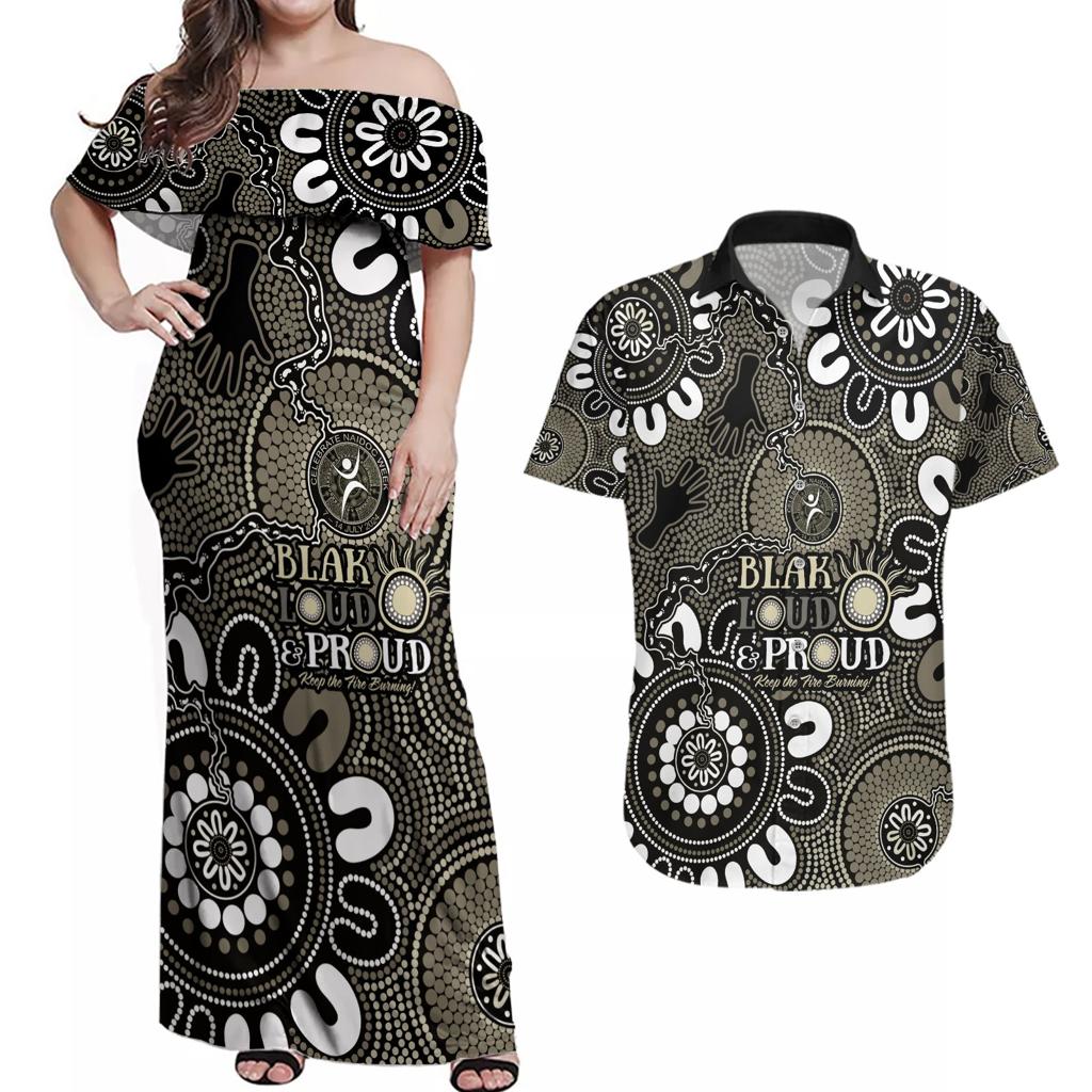 NAIDOC Week 2024 Fire Burning Couples Matching Off Shoulder Maxi Dress and Hawaiian Shirt Aboriginal Dots Black Art