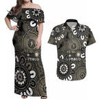 NAIDOC Week 2024 Fire Burning Couples Matching Off Shoulder Maxi Dress and Hawaiian Shirt Aboriginal Dots Black Art
