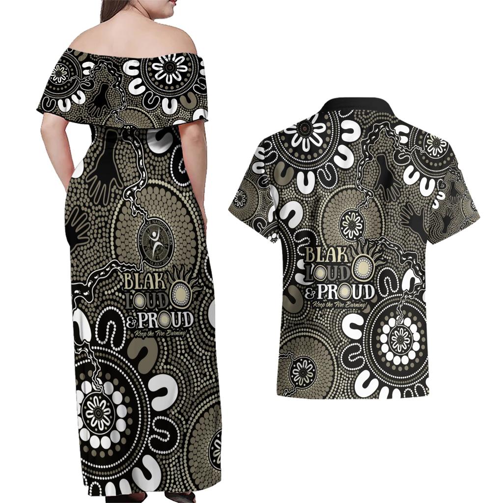 NAIDOC Week 2024 Fire Burning Couples Matching Off Shoulder Maxi Dress and Hawaiian Shirt Aboriginal Dots Black Art