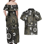 NAIDOC Week 2024 Fire Burning Couples Matching Off Shoulder Maxi Dress and Hawaiian Shirt Aboriginal Dots Black Art