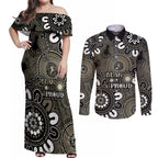 NAIDOC Week 2024 Fire Burning Couples Matching Off Shoulder Maxi Dress and Long Sleeve Button Shirt Aboriginal Dots Black Art
