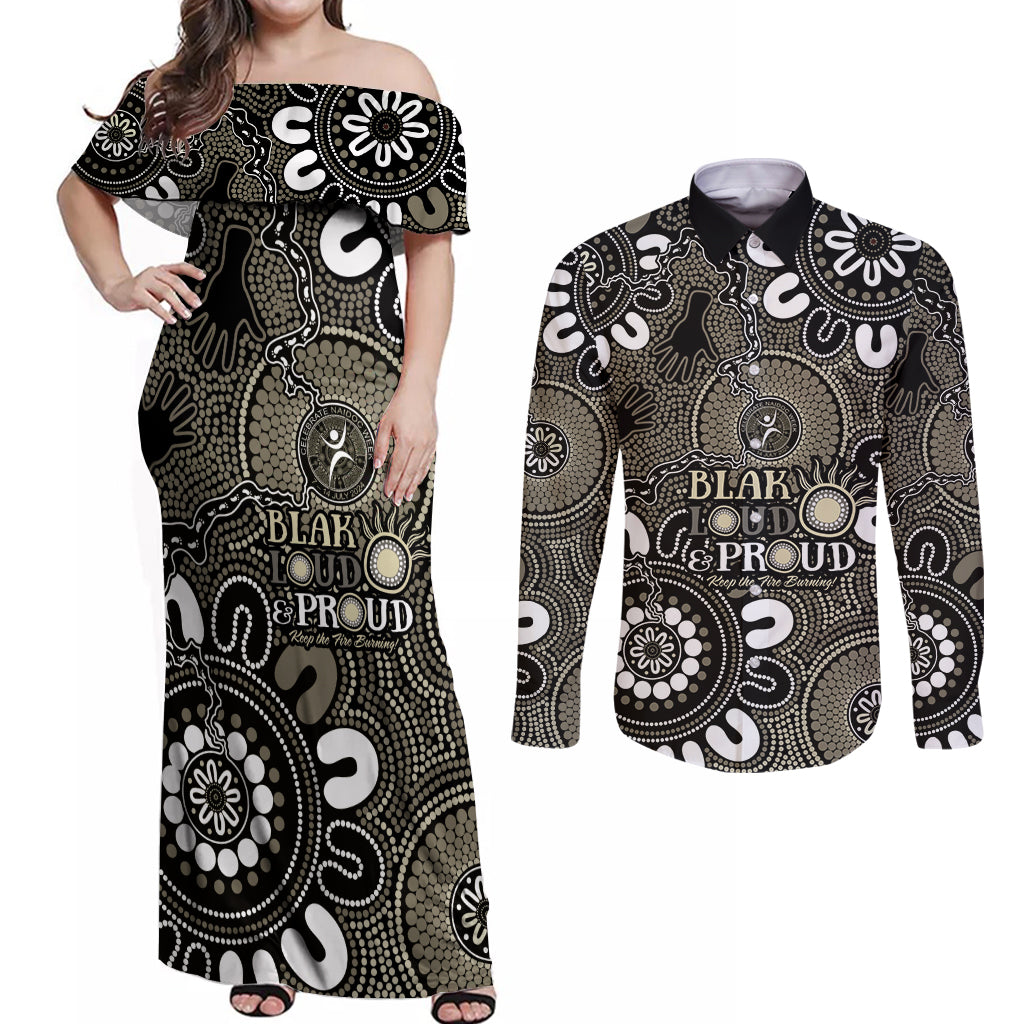 NAIDOC Week 2024 Fire Burning Couples Matching Off Shoulder Maxi Dress and Long Sleeve Button Shirt Aboriginal Dots Black Art