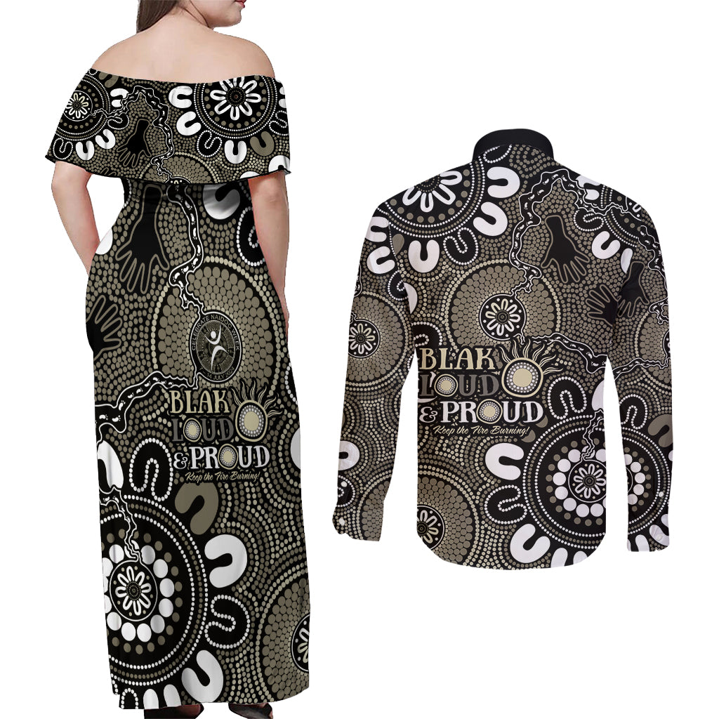 NAIDOC Week 2024 Fire Burning Couples Matching Off Shoulder Maxi Dress and Long Sleeve Button Shirt Aboriginal Dots Black Art