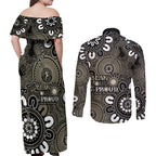 NAIDOC Week 2024 Fire Burning Couples Matching Off Shoulder Maxi Dress and Long Sleeve Button Shirt Aboriginal Dots Black Art