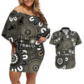 NAIDOC Week 2024 Fire Burning Couples Matching Off Shoulder Short Dress and Hawaiian Shirt Aboriginal Dots Black Art