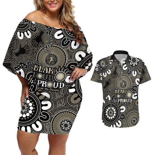 NAIDOC Week 2024 Fire Burning Couples Matching Off Shoulder Short Dress and Hawaiian Shirt Aboriginal Dots Black Art