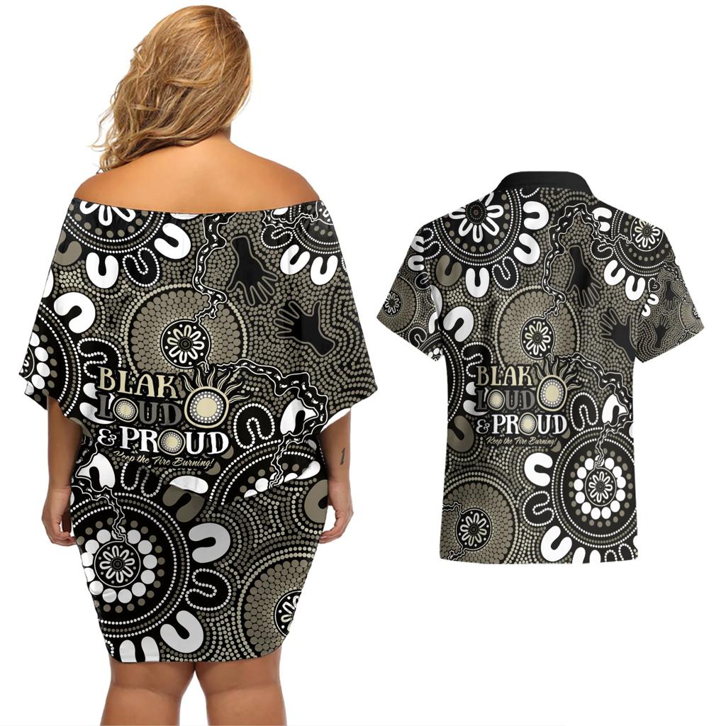 NAIDOC Week 2024 Fire Burning Couples Matching Off Shoulder Short Dress and Hawaiian Shirt Aboriginal Dots Black Art