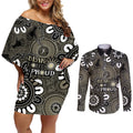 NAIDOC Week 2024 Fire Burning Couples Matching Off Shoulder Short Dress and Long Sleeve Button Shirt Aboriginal Dots Black Art