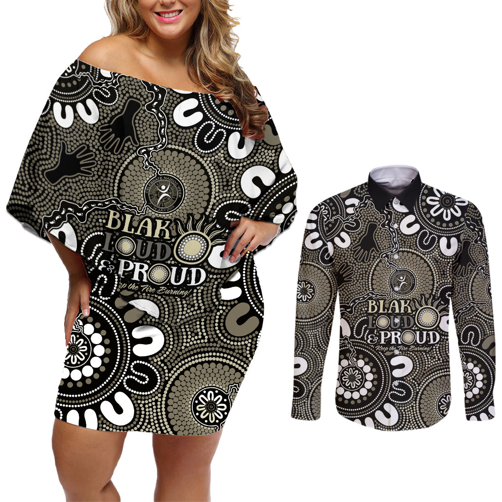 NAIDOC Week 2024 Fire Burning Couples Matching Off Shoulder Short Dress and Long Sleeve Button Shirt Aboriginal Dots Black Art