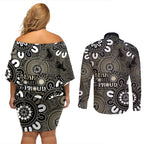 NAIDOC Week 2024 Fire Burning Couples Matching Off Shoulder Short Dress and Long Sleeve Button Shirt Aboriginal Dots Black Art