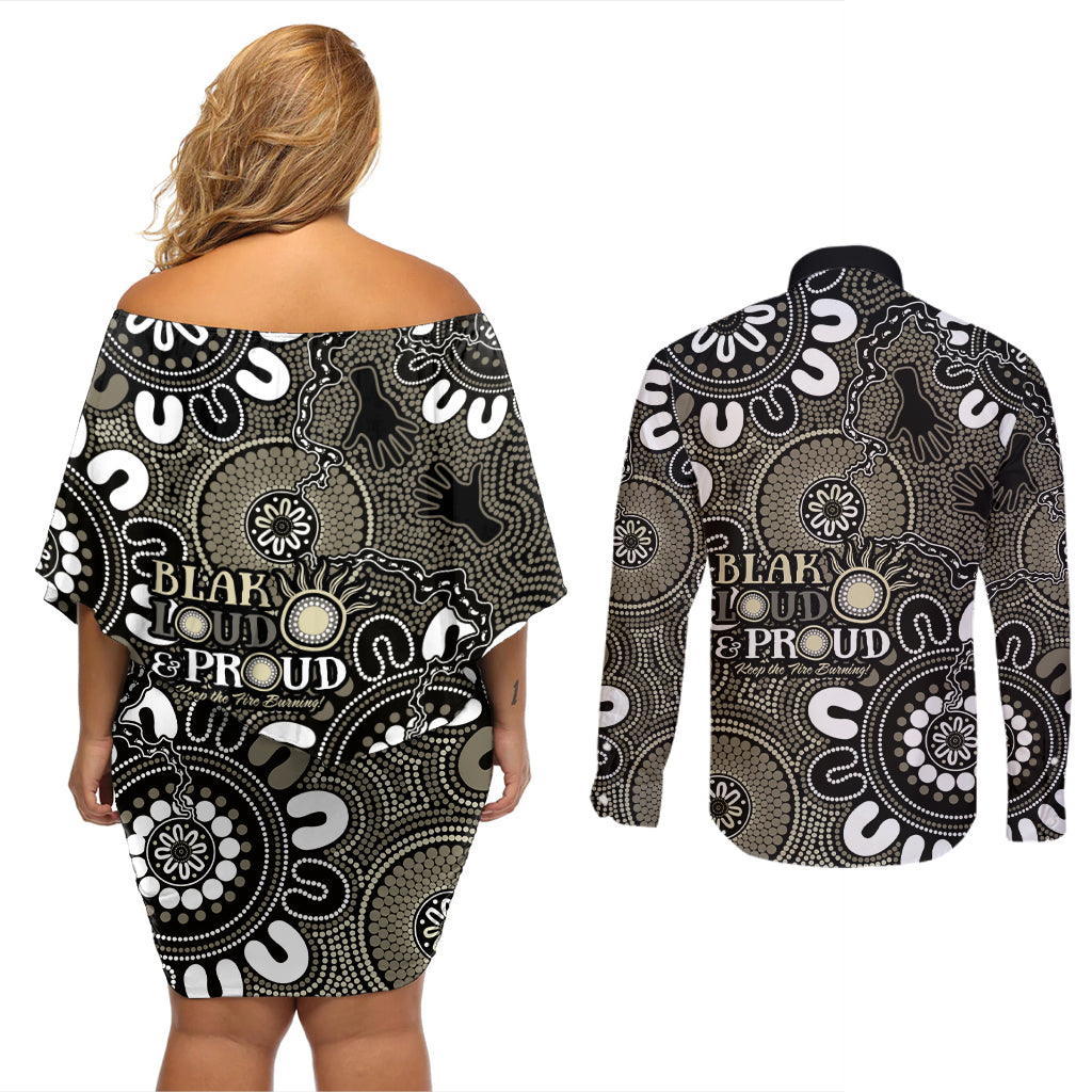 NAIDOC Week 2024 Fire Burning Couples Matching Off Shoulder Short Dress and Long Sleeve Button Shirt Aboriginal Dots Black Art