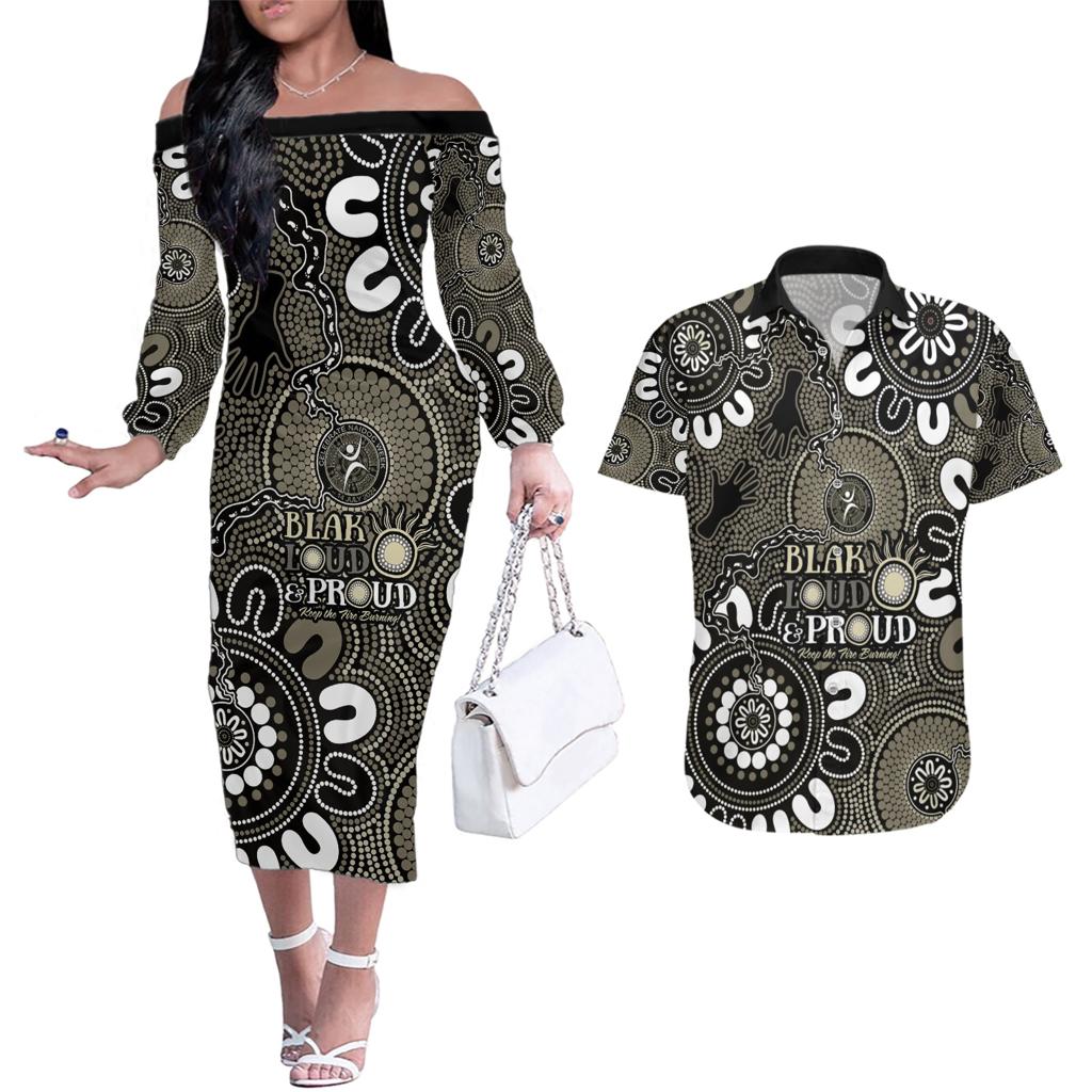 NAIDOC Week 2024 Fire Burning Couples Matching Off The Shoulder Long Sleeve Dress and Hawaiian Shirt Aboriginal Dots Black Art