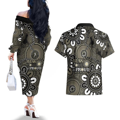 NAIDOC Week 2024 Fire Burning Couples Matching Off The Shoulder Long Sleeve Dress and Hawaiian Shirt Aboriginal Dots Black Art