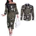NAIDOC Week 2024 Fire Burning Couples Matching Off The Shoulder Long Sleeve Dress and Long Sleeve Button Shirt Aboriginal Dots Black Art