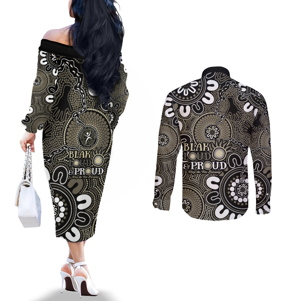 NAIDOC Week 2024 Fire Burning Couples Matching Off The Shoulder Long Sleeve Dress and Long Sleeve Button Shirt Aboriginal Dots Black Art