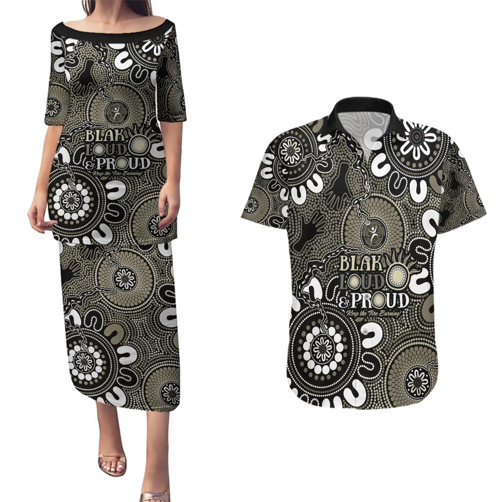 NAIDOC Week 2024 Fire Burning Couples Matching Puletasi and Hawaiian Shirt Aboriginal Dots Black Art