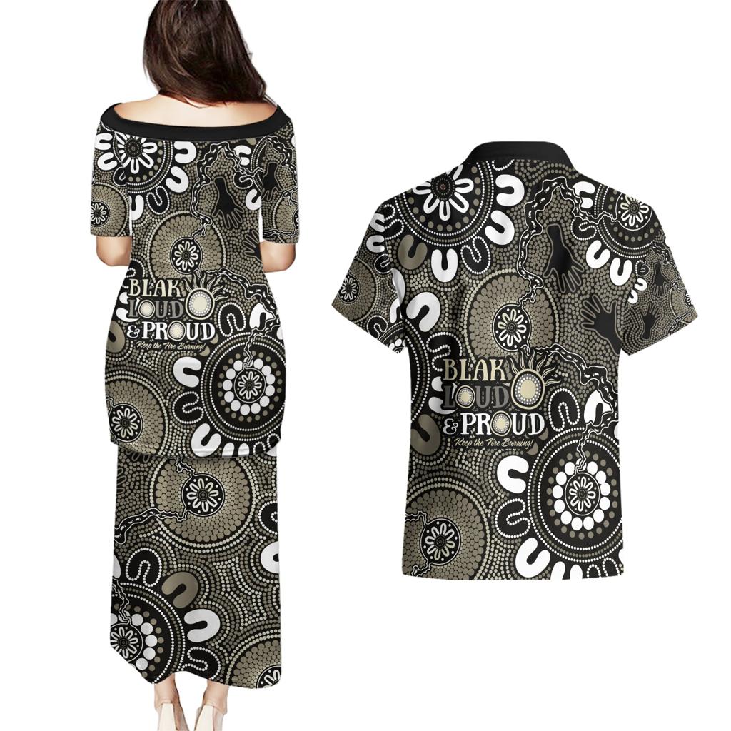 NAIDOC Week 2024 Fire Burning Couples Matching Puletasi and Hawaiian Shirt Aboriginal Dots Black Art