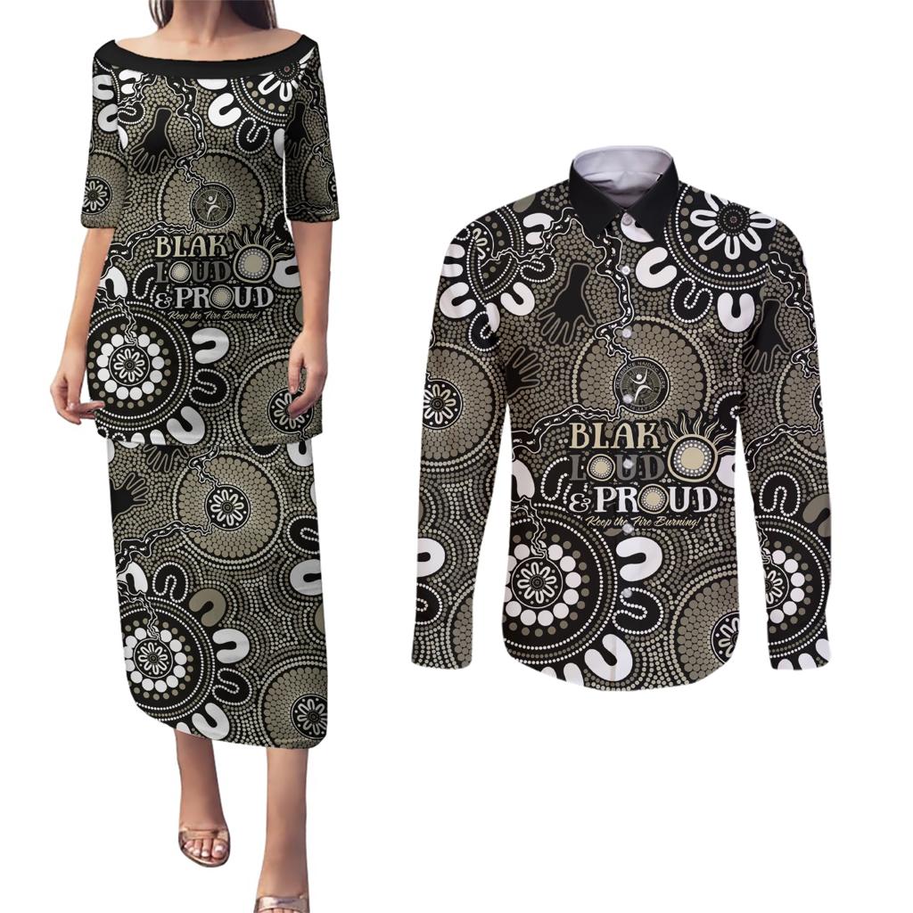 NAIDOC Week 2024 Fire Burning Couples Matching Puletasi and Long Sleeve Button Shirt Aboriginal Dots Black Art