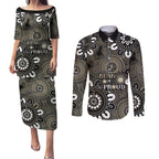 NAIDOC Week 2024 Fire Burning Couples Matching Puletasi and Long Sleeve Button Shirt Aboriginal Dots Black Art
